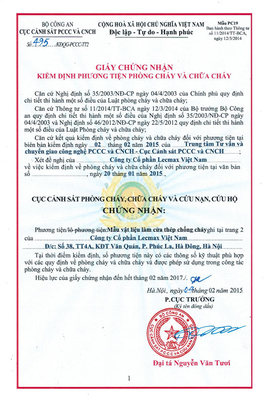 Chứng nhận kiểm định phương tiện PCCC tháng 2/2015